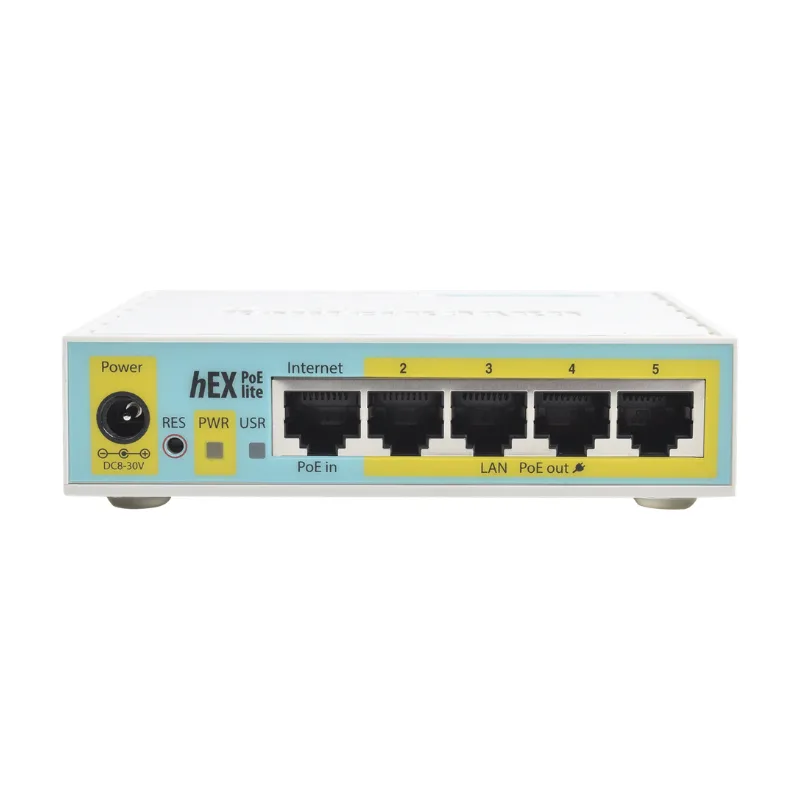 (hEX PoE LITE) RouterBoard, 5 Puertos Fast Ethernet, 4 con PoE Pasivo, 1 Puerto USB MikroTik RB750UPR2