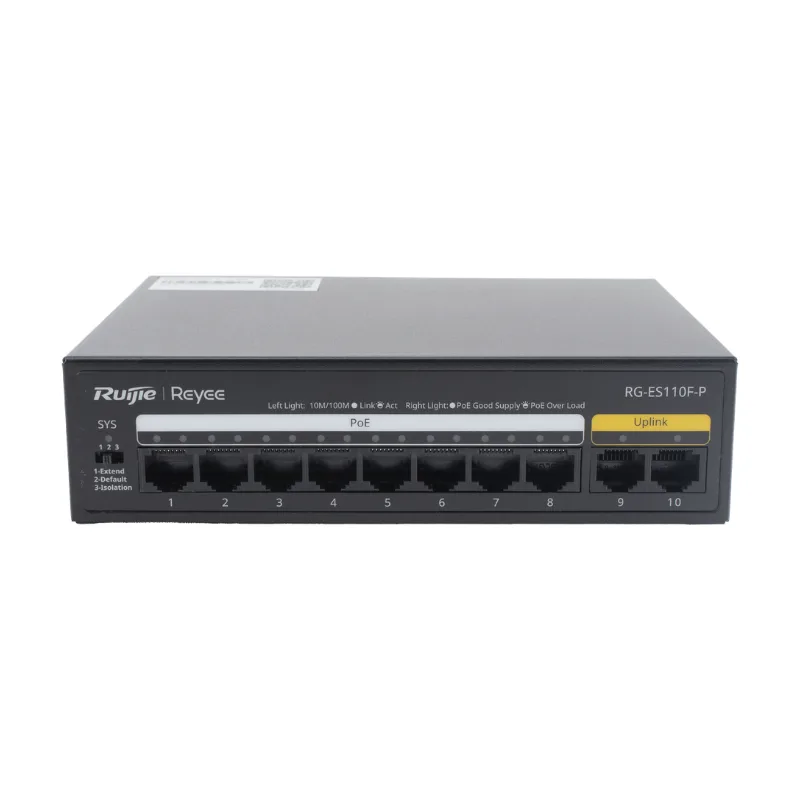 Switch PoE+ no Administrable, Hasta 110 Watts, 8 puertos PoE+ y 2 Uplinks 10 Ruijie RG-ES110F-P