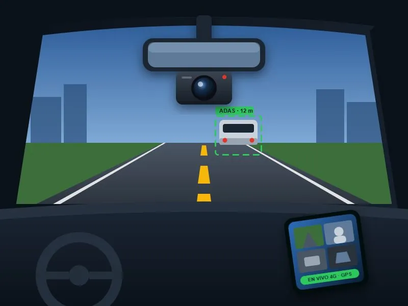 Dashcam Hikvision instalada en el parabrisas grabando el camino, con alerta ADAS y video en vivo 4G en el celular