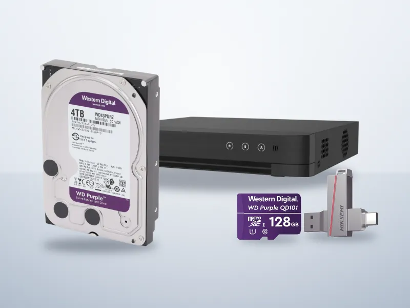 Disco duro WD Purple, memoria microSD, memoria USB y grabador DVR Hikvision para videovigilancia