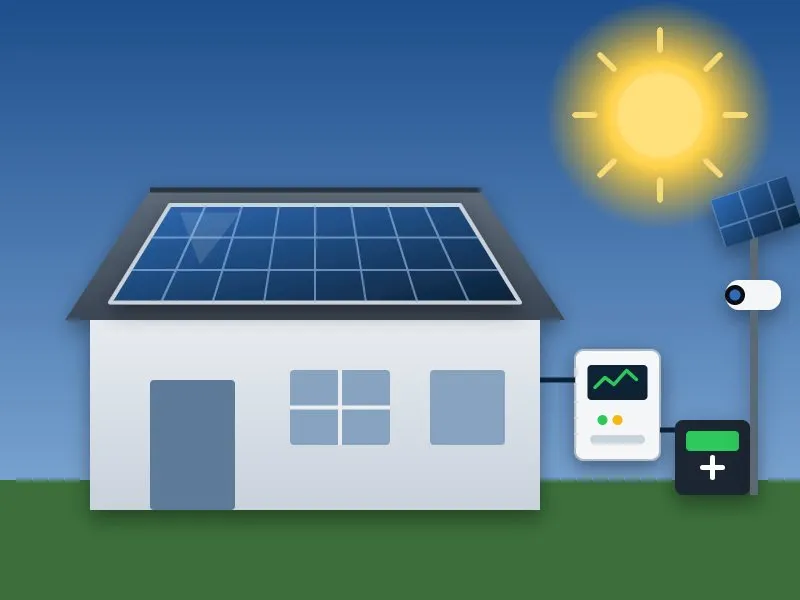 Casa con paneles solares en el techo, inversor con monitoreo, batería de respaldo y cámara con panel solar